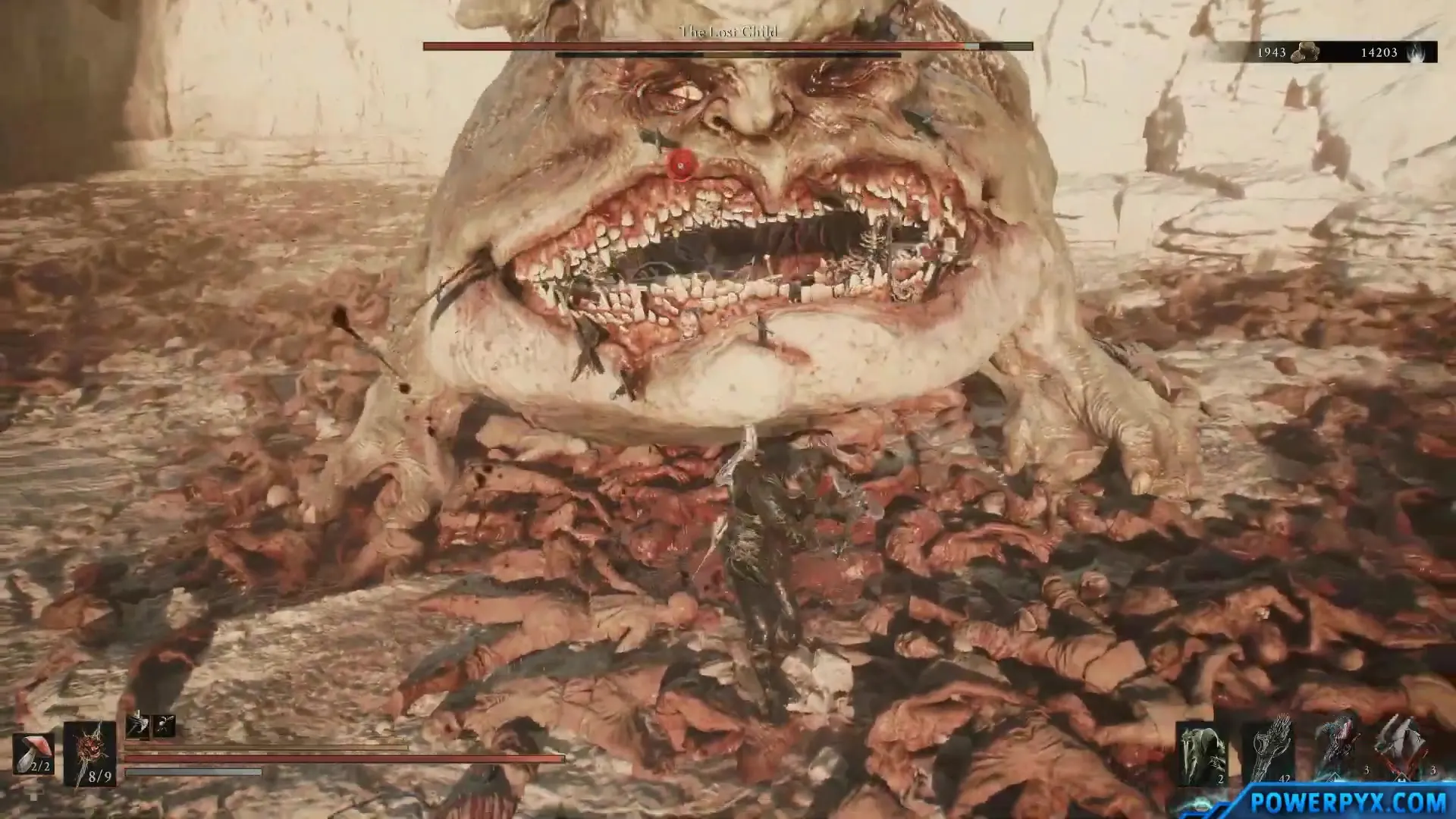 The player standing directly in front of The Lost Child as its jaws open wide across the center of the screen.
