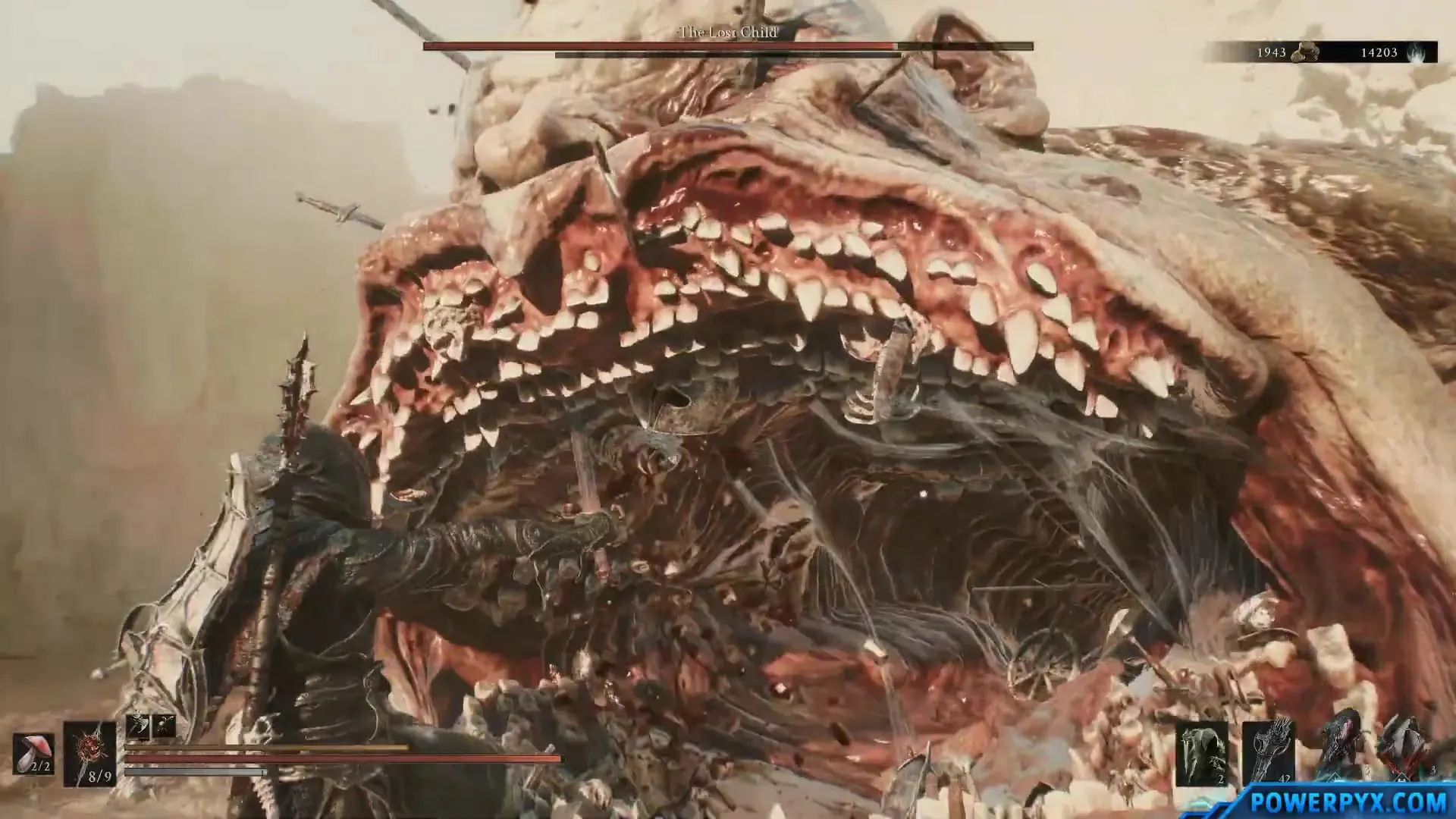 The player pressed against The Lost Child’s fully open jaws, with rows of teeth filling the screen.