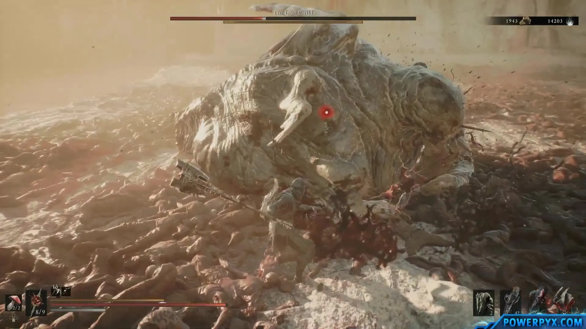 The player striking the side of The Lost Child’s body, with the mouth turned away and blood on the ground.