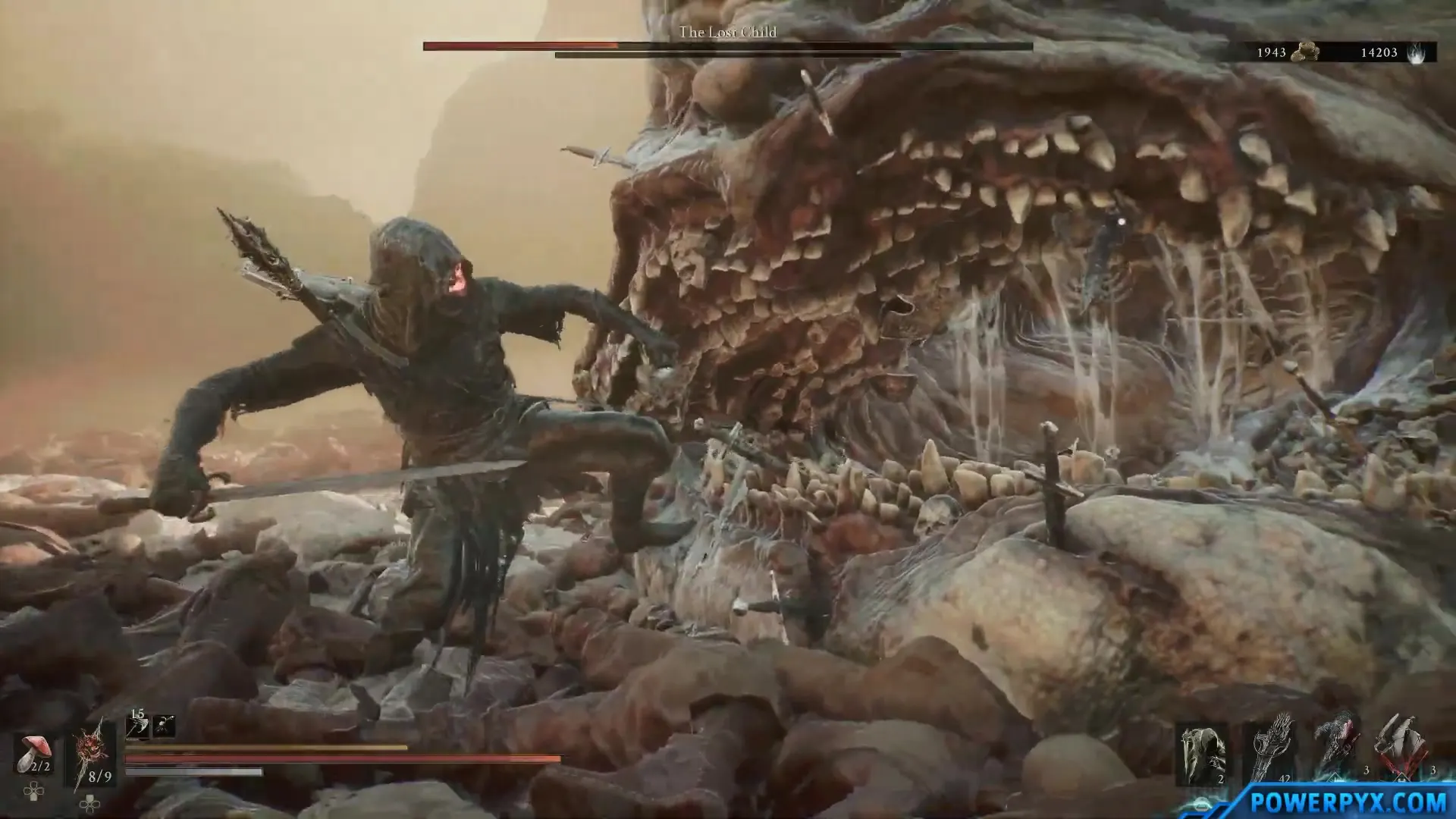 The player stepping sideways away from The Lost Child’s open mouth, sword out, with the jaws filling the right side of the frame.