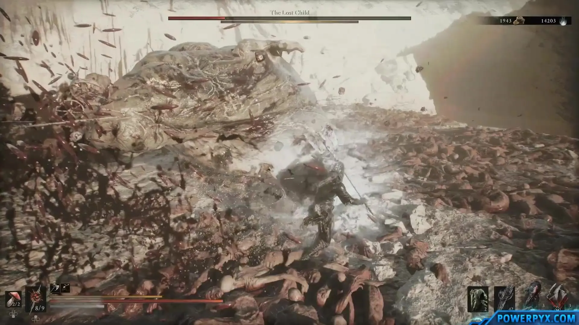 The Lost Child spraying debris across the arena while the player runs laterally through the mess at mid range.